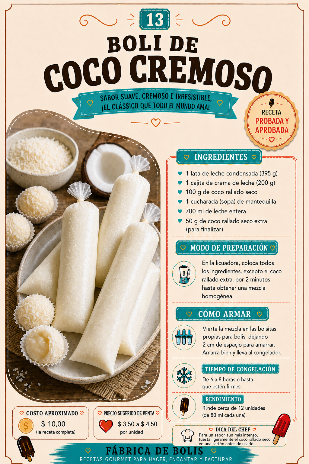 Preparación organizada de boli de coco cremoso